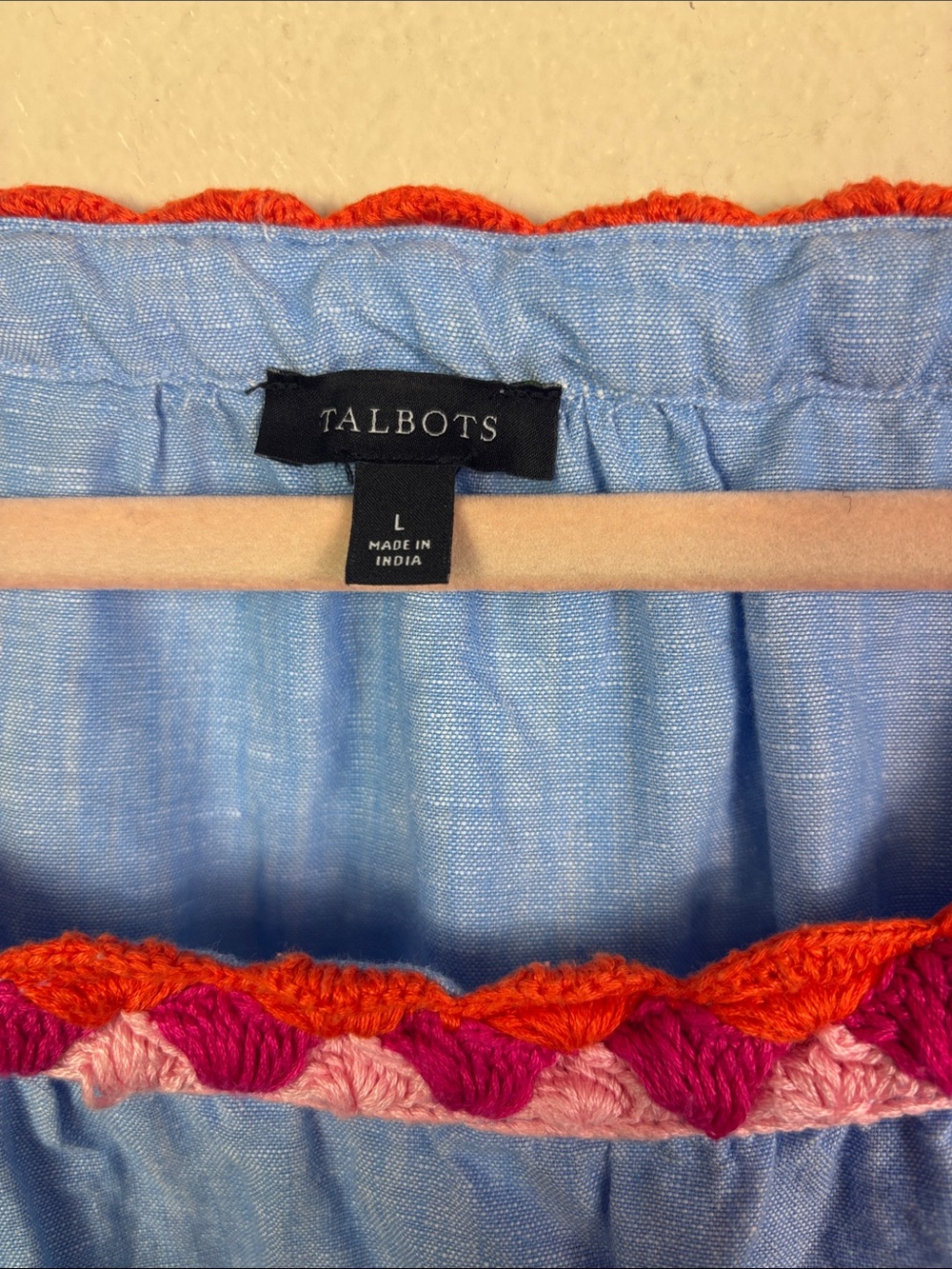 Talbots Linen Cotton Blend Blue Crochet Knit Colllar Tie Sleeve Top Sz Large - Picture 6 of 11
